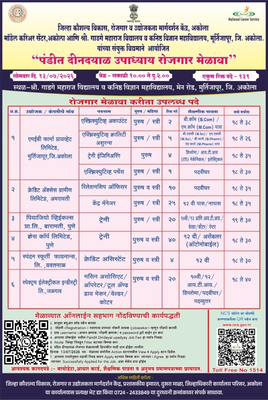 मूर्तीजापूर येथे १३ जुलै रोजी "पंडित दीनदयाळ उपाध्याय रोजगार मेळावा"