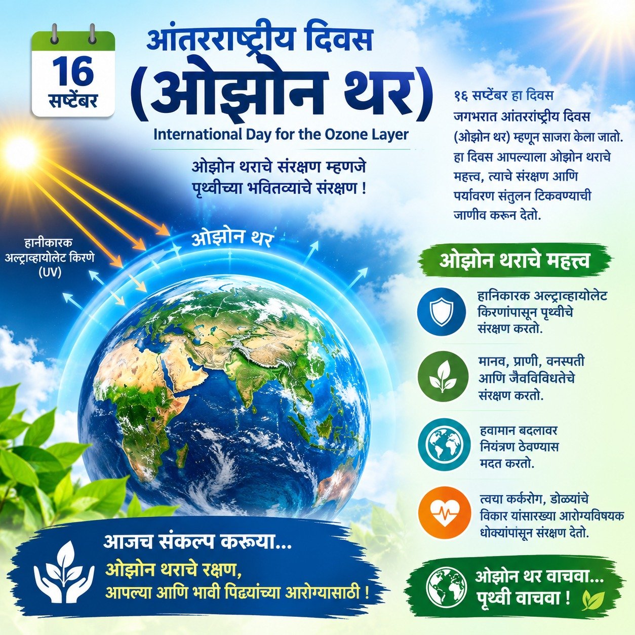 १६ सप्टेंबर : आंतरराष्ट्रीय ओझोन दिन; पृथ्वीच्या संरक्षण कवचाच्या संवर्धनाचा संदेश .