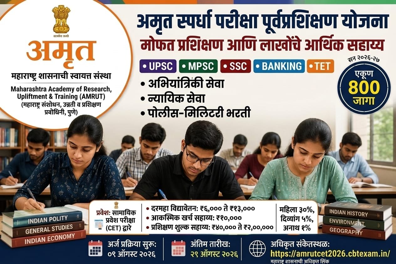 अमृतच्या स्पर्धा परीक्षा पूर्वप्रशिक्षण योजनेस मुदतवाढ; ८०० जागांसाठी २९ ऑगस्टपर्यंत अर्ज करण्याची संधी