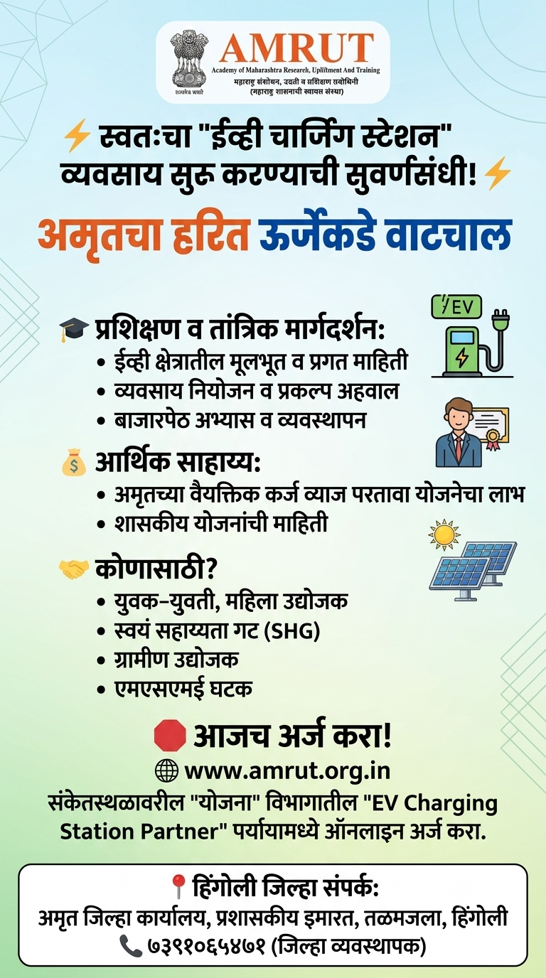 हिंगोलीसह राज्यभरात अमृतचा नवा उपक्रम; ईव्ही चार्जिंग स्टेशन उभारणीसाठी उद्योजकांना मिळणार पाठबळ अतिरिक्त फोटो